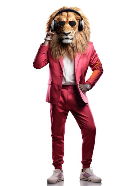 Anthropomorphic lion with headset walking in white background