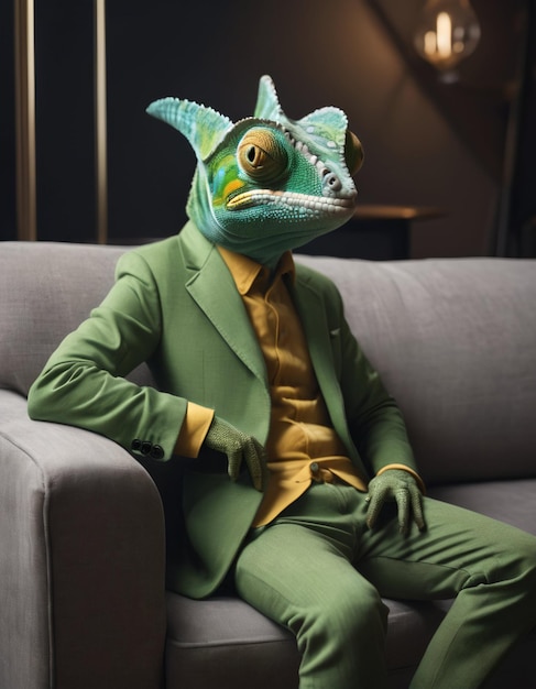 Premium Photo | Anthropomorphic frog man sitting on a leather sofa