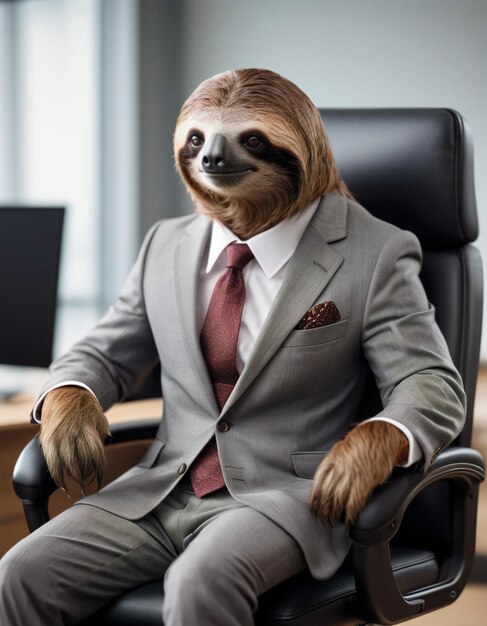 Photo anthropomorphic man sloth ceo in a business suit sitting in a chair in his office