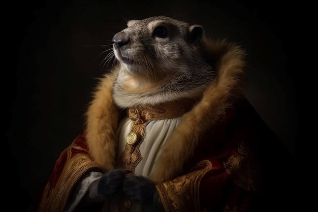 Photo anthropomorphic marmot wearing aristocratic furry coat wild animal dressed in medieval cloak with fur generate ai