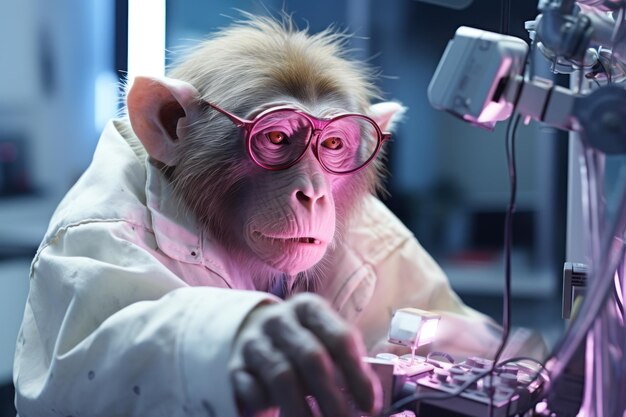 Фото Антропоморфная обезьяна работает в качестве ученого. он носит лабораторный халат и защитные очки и работает над экспериментом.