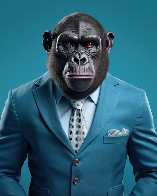 антропоморфная обезьяна в синем костюме, студийное фото