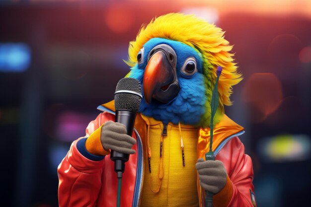 Anthropomorphic parrot singing rap on the street