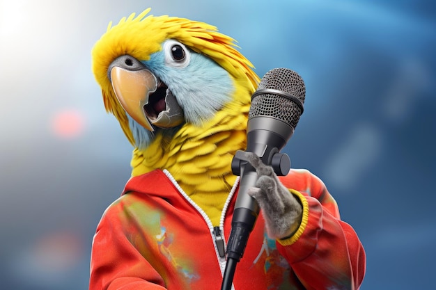 Anthropomorphic parrot singing rap on the street