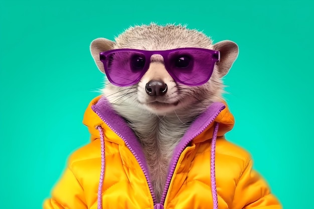 The anthropomorphic playful mongoose wears a yellow jacket and purple glasses Generated AI