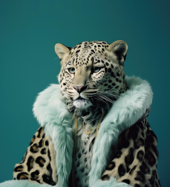 Anthropomorphic portrait of a leopard wearing leopard fur coat endangered species ironic concept