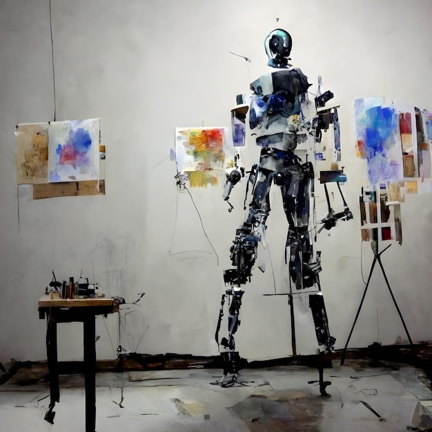 Anthropomorphic robot artist in the studio next to the easel\
painting and paints while working neural network ai generated\
art