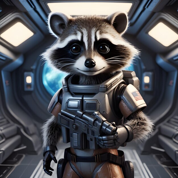 Photo the anthropomorphic robot raccoon stood on the spaceship armed with futuristic blasters gleaming in