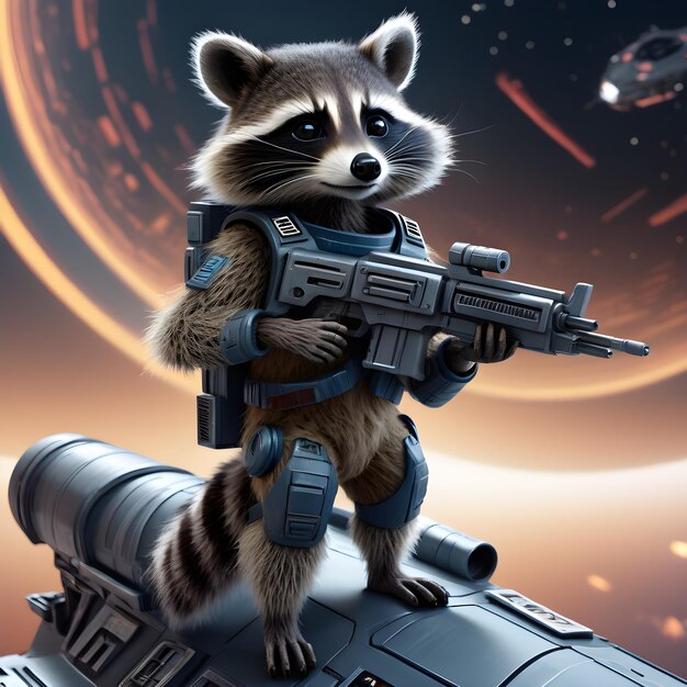 Photo an anthropomorphic robot raccoon was standing before me armed with futuristic blasters the expanse