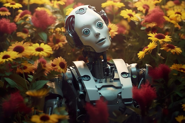 Антропоморфный робот с цветами