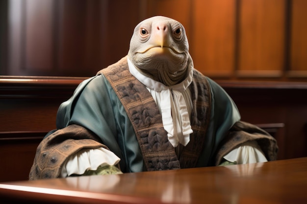 Anthropomorphic sea turtle in a judge robe presides over a trial in a courtroom in the ocean