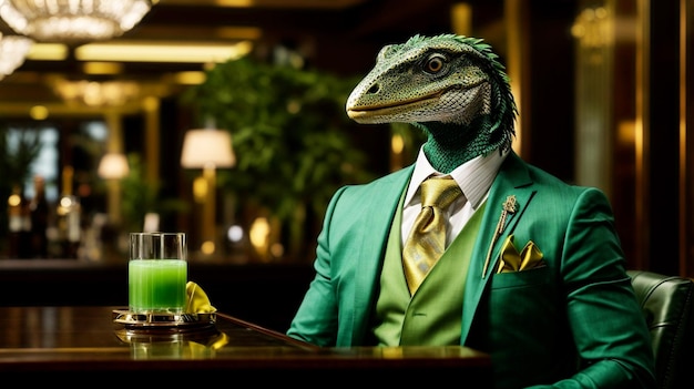 Photo anthropomorphic series a classy dandociraptor in a luxury hotel bar