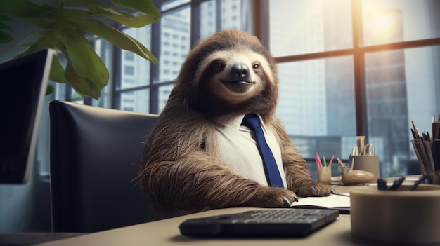 Photo anthropomorphic sloth doing accounting work very lazy slow worker