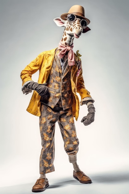 Anthropomorphic smiling giraffe dressed in vintage Animals in clothes People with heads of animals