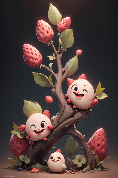 Anthropomorphic strawberries with a smiley face on a wooden background