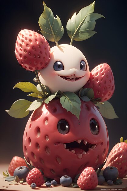 Anthropomorphic strawberries with a smiley face on a wooden background