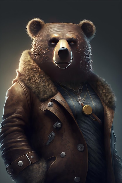 Anthropomorphic stylish bear wearing a human leather coat fashion design