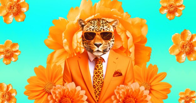 Anthropomorphic stylish leopard in orange flowers space Fashion collage