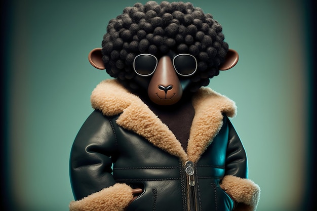 Anthropomorphic stylish Sheep wearing a human leather jacket.