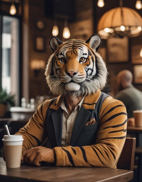 an anthropomorphic tiger in a cozy cafe at a table drinking coffee