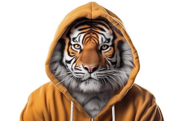 Anthropomorphic Tiger Face with Yellow Hoodie Impressive and Amusing