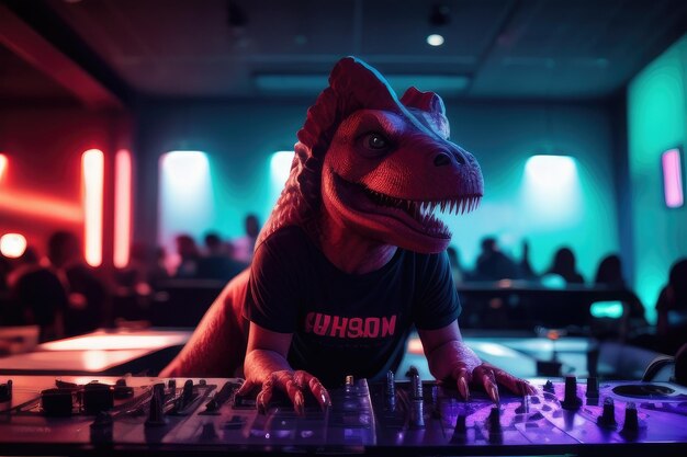 An anthropomorphic trex working as a dj in a top club