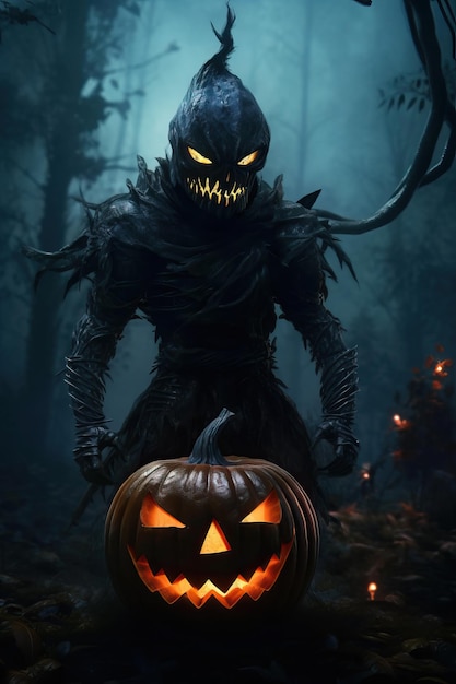 anthropomorphic vampire wearing black pumpkin angry jack head