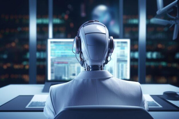 Anthropomorphic white robot programmer sits behind a monitor