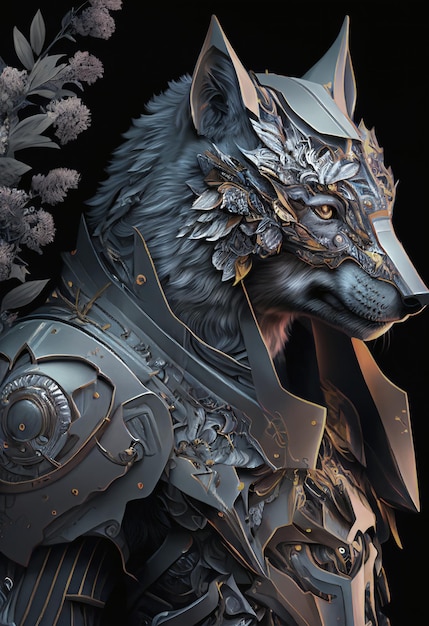 Anthropomorphic wolf in armor art generated by artificial intelligence