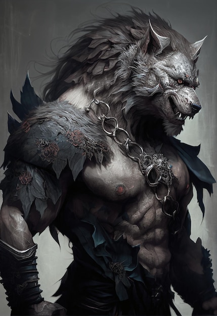 Anthropomorphic wolf warrior portrait generated by artificial intelligence