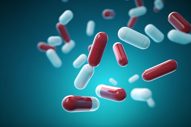 Antibiotic pill capsules in a teal background