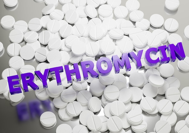Antibioticum Erytromycine-pil dat wordt gebruikt voor de behandeling van bacteriële infecties, zoals chlamydia en syfilis. Belettering