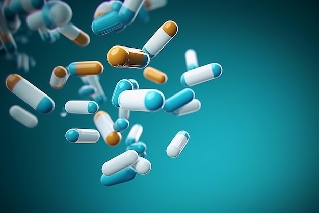 Antibiotische pillencapsules op een blauwgroen achtergrond