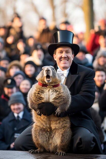 Photo anticipation of the crowd at a groundhog day event