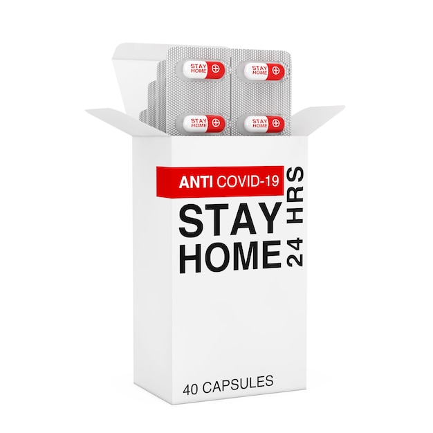 Anticovid-19 Stay Home-capsules in blisterverpakking met kartonnen verpakking op een witte achtergrond. 3D-rendering