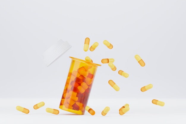 Antidepressant drugs fly away from plastic jar 3d rendering