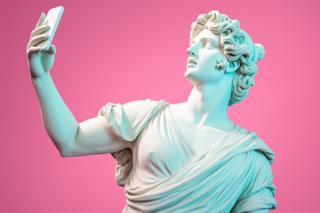 Antiek Grieks beeldhouwwerk met smartphone in hand op roze achtergrond