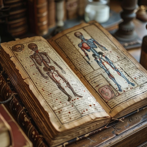 Antiek medisch boek open naar een pagina over anatomie sepia toon