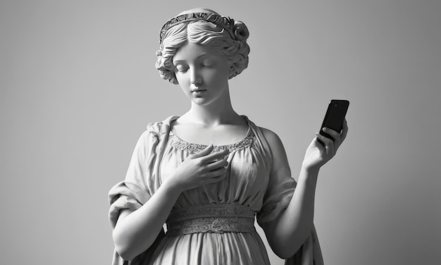 Foto antiek standbeeld of beeld van een meisje dat naar een smartphone kijkt en een ai-generatie vasthoudt