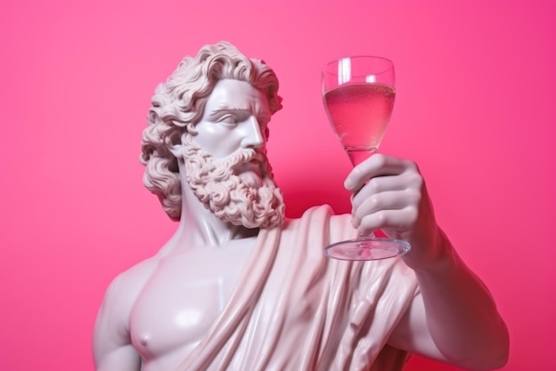 Antiek wit beeld van Dionysus die een glas roze wijn vasthoudt op een roze achtergrond