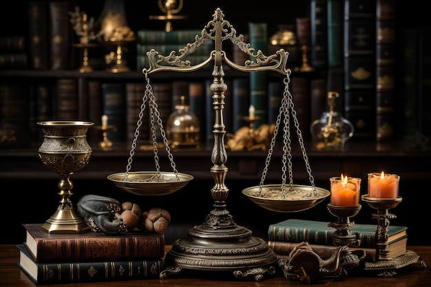 Antieke balanswet schaal met boeken op een tafel extreme close-up generatieve AI