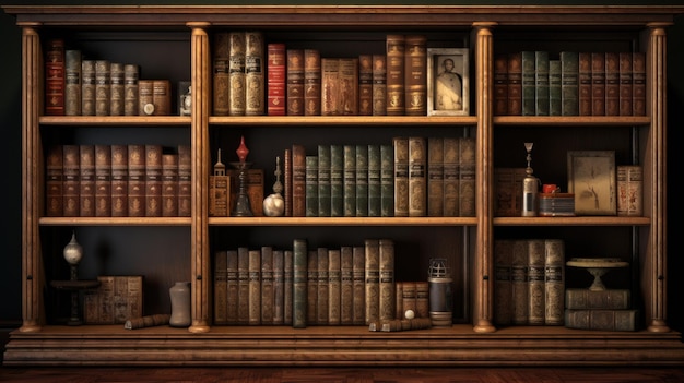 Antieke bibliotheek vol boeken gegenereerd door AI.