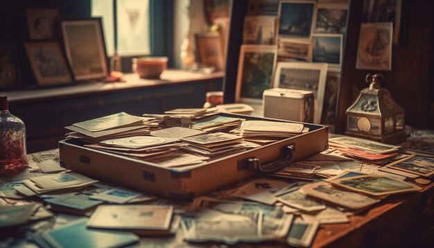 Antieke boekenstapel op rommelige tafel binnenshuis gegenereerd door AI