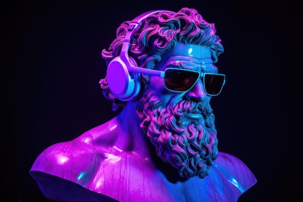 Antieke buste van Hercules met bril en koptelefoon verlicht met neonlicht