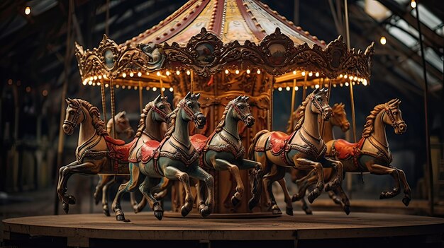 Foto antieke carrousel vintage vreugdecarrousel elegantie houten paard magie familie-entertainment blijvende charme gegenereerd door ai