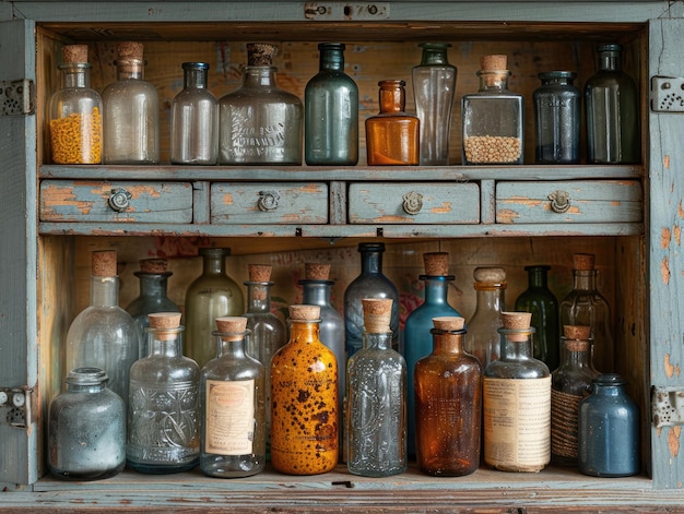 Antieke medische kast gevuld met glazen flessen vintage setting