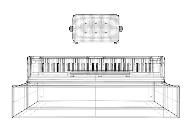 Antieke piano met pad, 3d-model carrosseriestructuur, draadmodel