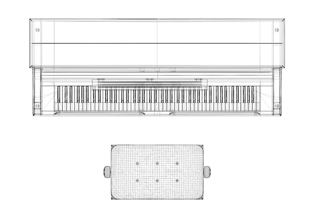 Antieke piano met pad, 3D-model carrosseriestructuur, draadmodel