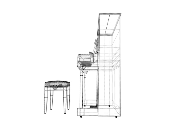 Antieke piano met pad, 3D-model carrosseriestructuur, draadmodel