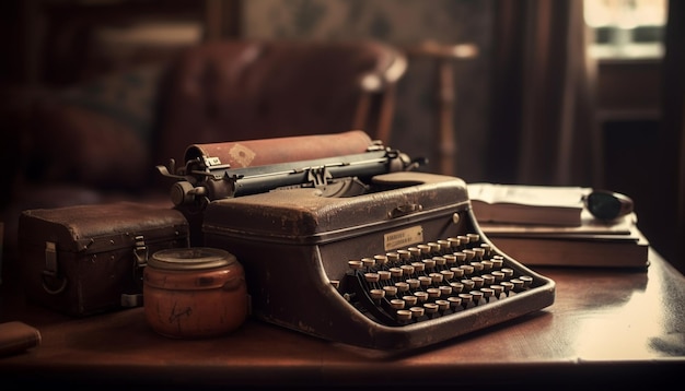 Antieke typemachine op rustieke tafel roept heimwee op naar ouderwetse correspondentie gegenereerd door AI